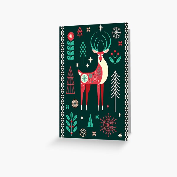 Aperçu de l'œuvre Salutation de style art populaire avec des cerfs stylisés, des arbres et des éléments festifs créée et vendue par Jdawnink.