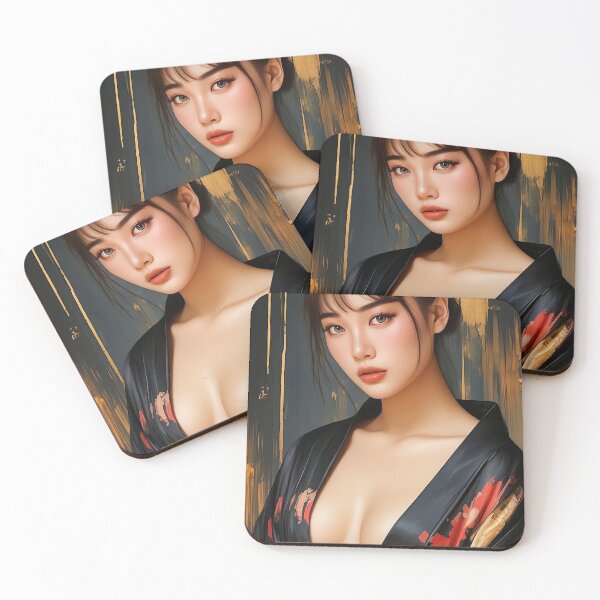 Item preview, Digital painting of a Japanese woman in a black and red kimono on a black and gold background designed and sold by EssenceX.