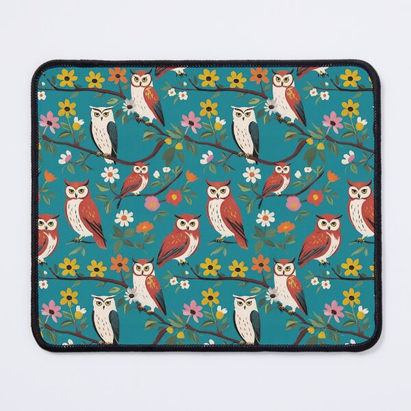 Item preview, Great Horned Owls And Wildflowers On Teal Background designed and sold by CarrollGene.