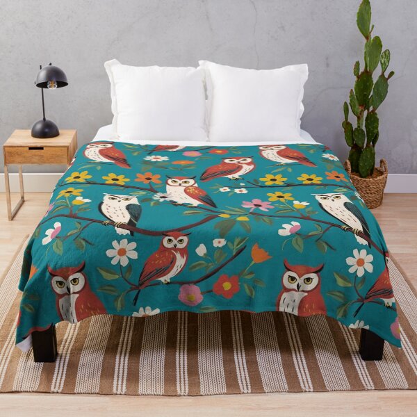 Item preview, Great Horned Owls And Wildflowers On Teal Background designed and sold by CarrollGene.