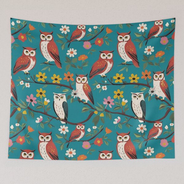 Item preview, Great Horned Owls And Wildflowers On Teal Background designed and sold by CarrollGene.