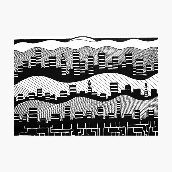 Item preview, Cityscape skyscrapers mountains Black and White  designed and sold by DrewDesignzed.