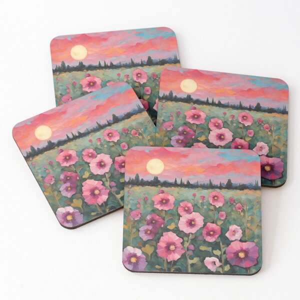 Item preview, Hollyhock Flower Field at Sunset Impressionist Acrylic designed and sold by Happy Dog Doodles.