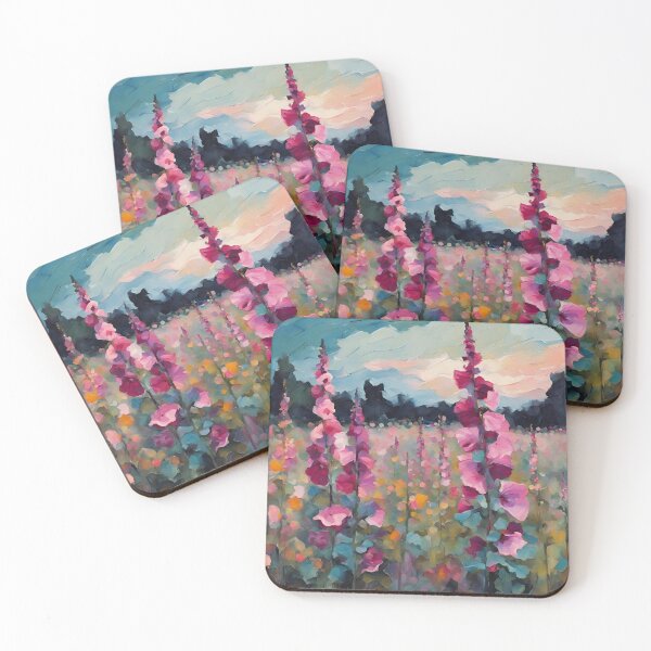 Item preview, Hollyhock Flower Field at Sunset Impressionist Acrylic designed and sold by Happy Dog Doodles.