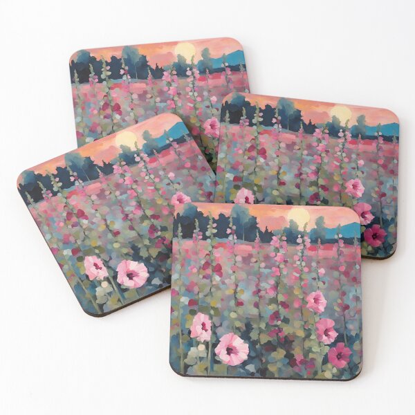 Item preview, Hollyhock Flower Field at Sunset Impressionist Acrylic designed and sold by Happy Dog Doodles.
