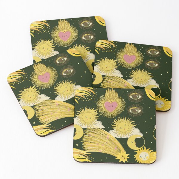Item preview, Green 90 retro Celestial Claddagh Hearts and Cosmic Sun, Moon, and Shooting Stars Print – Perseids Meteor Shower  designed and sold by Jemma Jamie Skidmore.