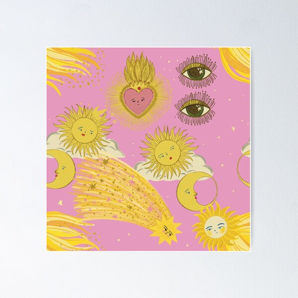 Item preview, Pink 90 retro Celestial Claddagh Hearts and Cosmic Sun, Moon, and Shooting Stars Print – Perseids Meteor Shower  designed and sold by Jemma Jamie Skidmore.