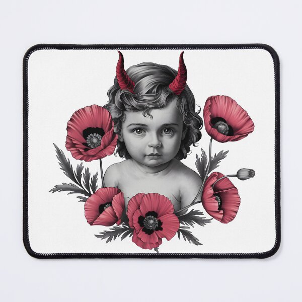 Item preview, Dark Innocence – Devil-Horned Cherub with Poppies designed and sold by Snifferius.