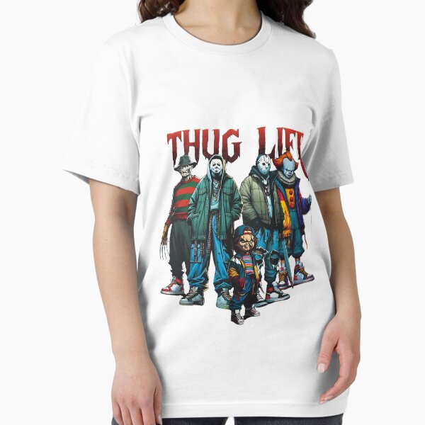 Vista previa del artículo con la obra «Personajes de películas de terror de Halloween, Thug Life, amigos del terror, asesinos de películas, camiseta de Halloween, Halloween divertido», diseñado y vendido por MangaMannia.