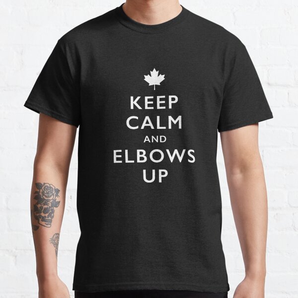 Vista previa del artículo con la obra «Mantenga la calma y los codos en alto – Canadian Hockey Spirit», diseñado y vendido por BuyCanadian.