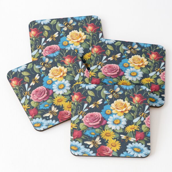 Item preview, Bees With Red Roses And Blue And Yellow Flowers On A Black Background designed and sold by CarrollGene.