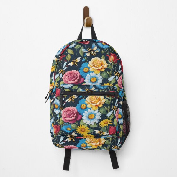 Item preview, Bees With Red Roses And Blue And Yellow Flowers On A Black Background designed and sold by CarrollGene.