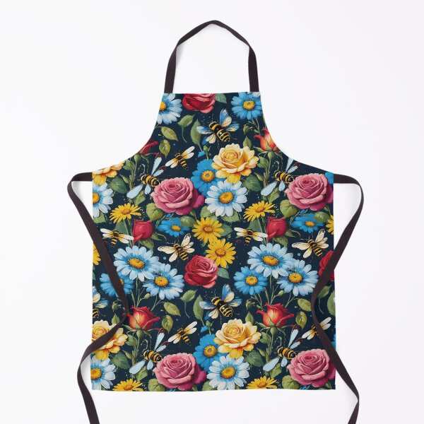 Item preview, Bees With Red Roses And Blue And Yellow Flowers On A Black Background designed and sold by CarrollGene.