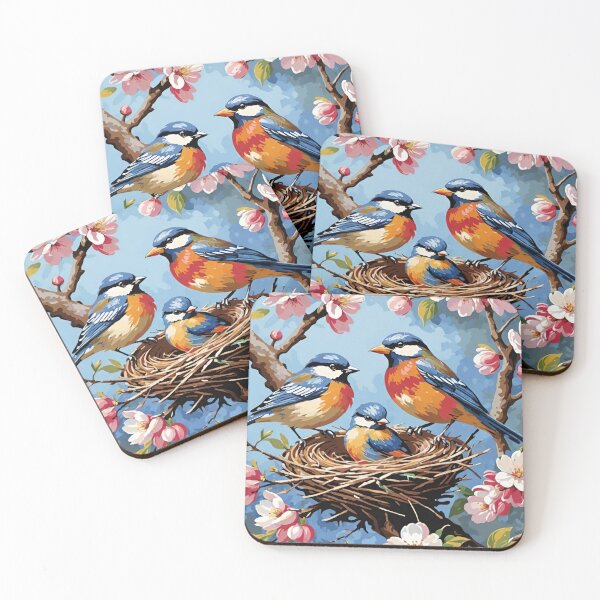 Item preview, Eastern Bluebird Family In Their Nest In A Cherry Blossom Tree With Blue Sky Background designed and sold by CarrollGene.