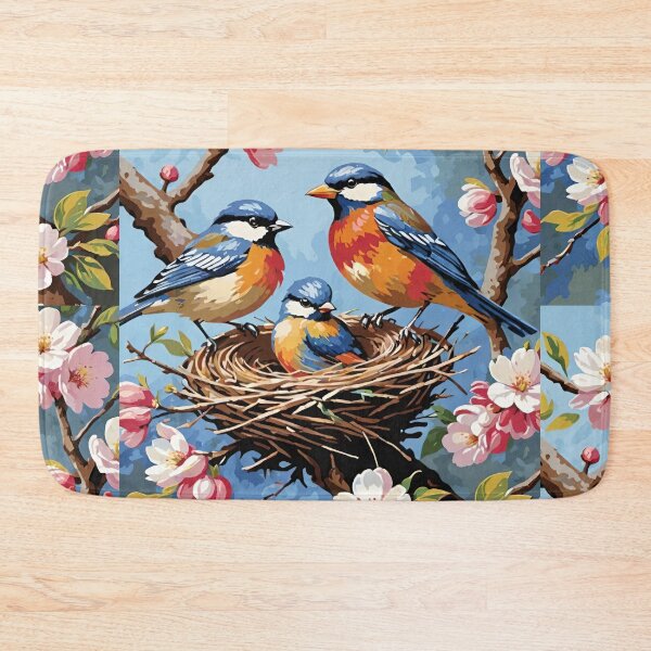 Item preview, Eastern Bluebird Family In Their Nest In A Cherry Blossom Tree With Blue Sky Background designed and sold by CarrollGene.