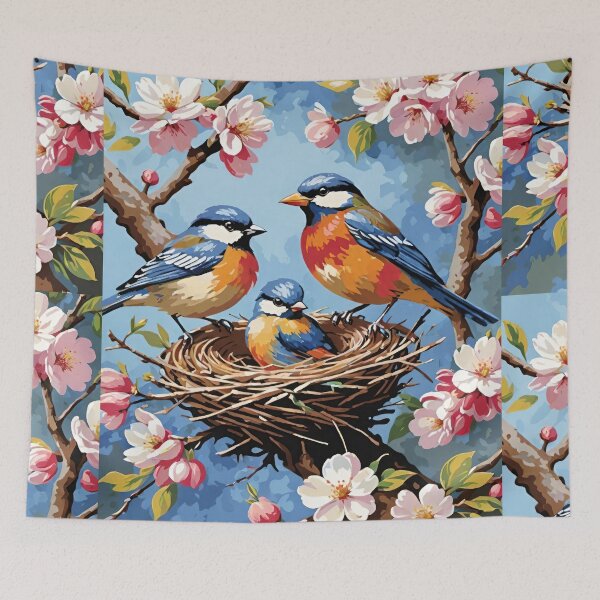 Item preview, Eastern Bluebird Family In Their Nest In A Cherry Blossom Tree With Blue Sky Background designed and sold by CarrollGene.