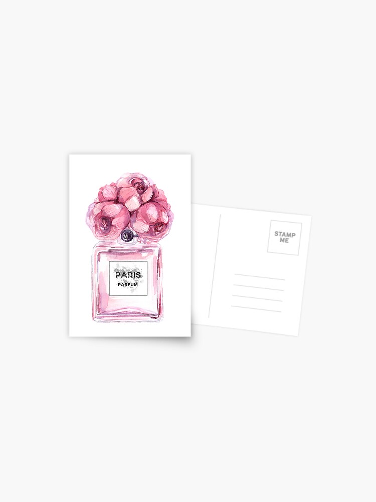 Perfume Bottle Watercolor Painting Hand Painted With Pink Flowers Postcard  for Sale by AffordableArtCo