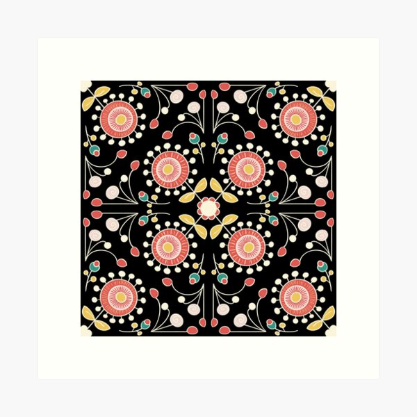 Item preview, Tiled floral doodle with black background designed and sold by MilaSketchLab.