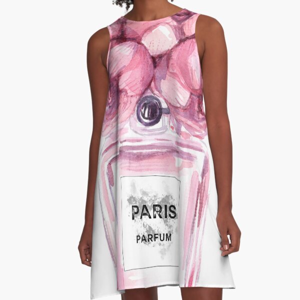 Perfume Bottle Watercolor Painting Hand Painted With Pink Flowers A-Line Dress