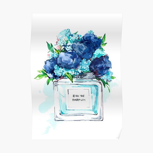 Perfume Bottle Watercolor Painting Hand Painted With Blue Flowers Poster