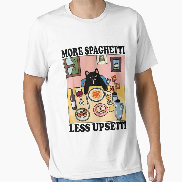 Vista previa del artículo con la obra «Camiseta con el lema "Más espaguetis, menos malestar" y el divertido gato negro: camiseta "Más espaguetis, menos malestar"», diseñado y vendido por MangaMannia.