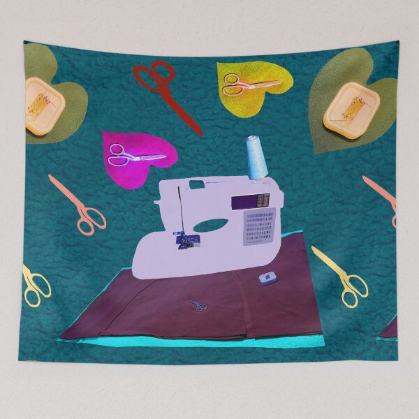 Item preview, Sewing Pattern - Vintage Sewing Machine, Scissors & Fabric on Blue Fabric designed and sold by Victoria Rose.