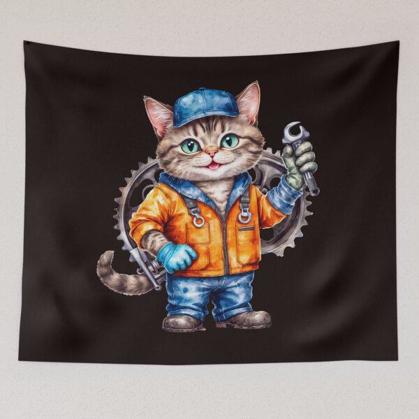 Item preview, Cat mechanic in orange overalls holding a wrench designed and sold by paiteen09.