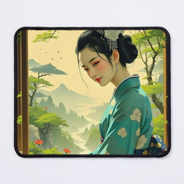 Aperçu de l'œuvre Geisha, Geisha japonaise, kimono fleuri bleu vert créée et vendue par Coolparrotgirl.