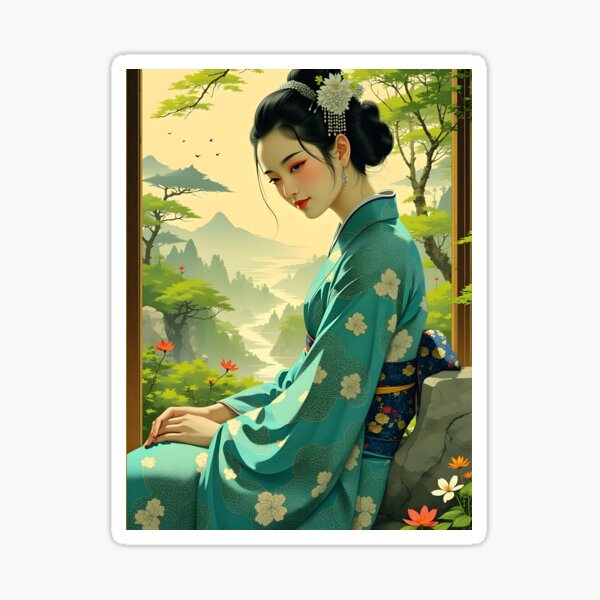 Item preview, Geisha, Japanese Geisha, blue green floral  kimono designed and sold by Coolparrotgirl.