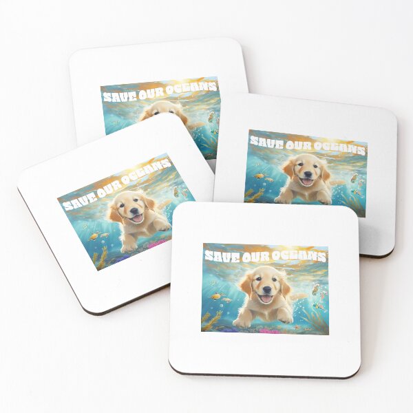 Item preview, save our oceans smiling golden retriever puppy swimming under the ocean designed and sold by planetgolden.