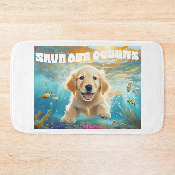 Item preview, save our oceans smiling golden retriever puppy swimming under the ocean designed and sold by planetgolden.