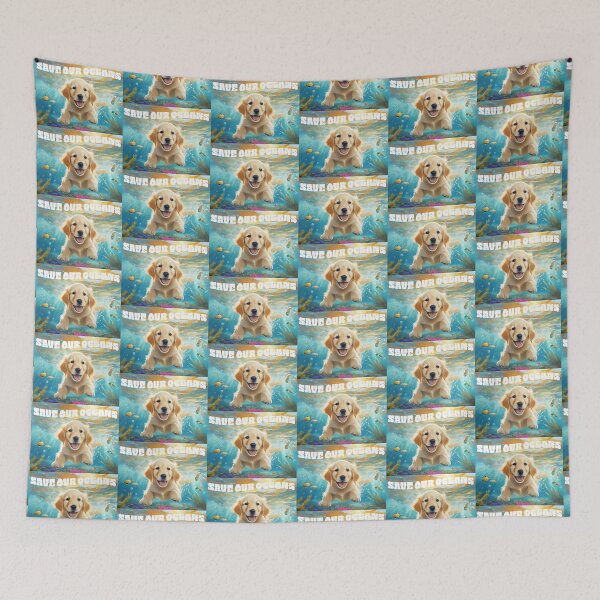 Item preview, save our oceans smiling golden retriever puppy swimming under the ocean designed and sold by planetgolden.