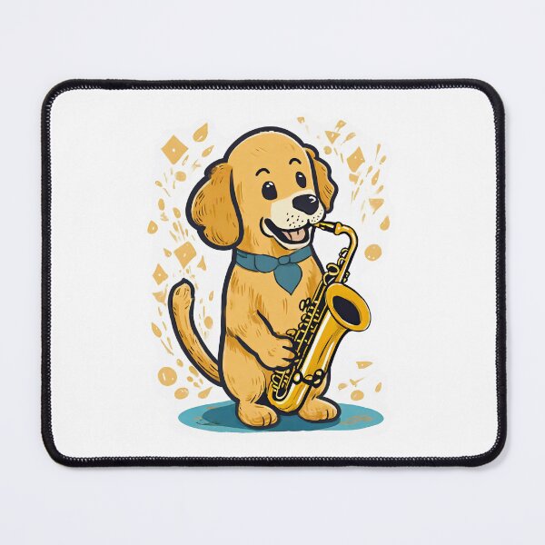 Item preview, animated happy golden retriever dog playing a saxophone and wearing a bow tie designed and sold by planetgolden.