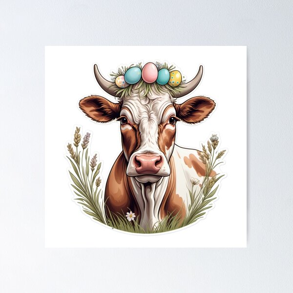 Vista previa del artículo con la obra «Vaca de Pascua con corona de flores y huevos decorados – Spring Farm Aesthetic», diseñado y vendido por UAcomix.