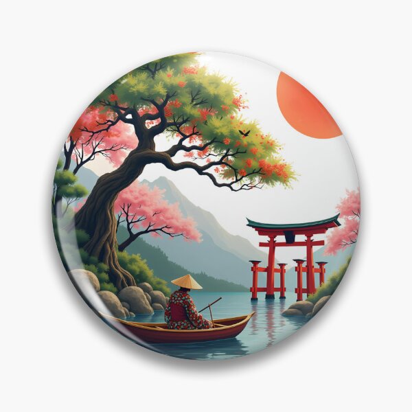 Item preview, Serenity On The Water: Japanese Landscape With Cherry Blossoms And Torii Gate designed and sold by elynne9.