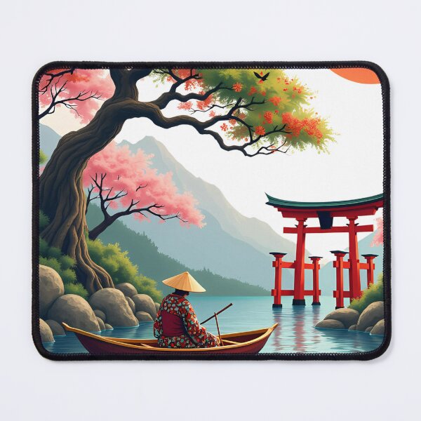 Item preview, Serenity On The Water: Japanese Landscape With Cherry Blossoms And Torii Gate designed and sold by elynne9.