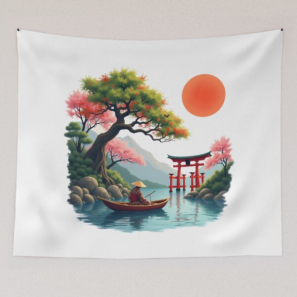 Item preview, Serenity On The Water: Japanese Landscape With Cherry Blossoms And Torii Gate designed and sold by elynne9.