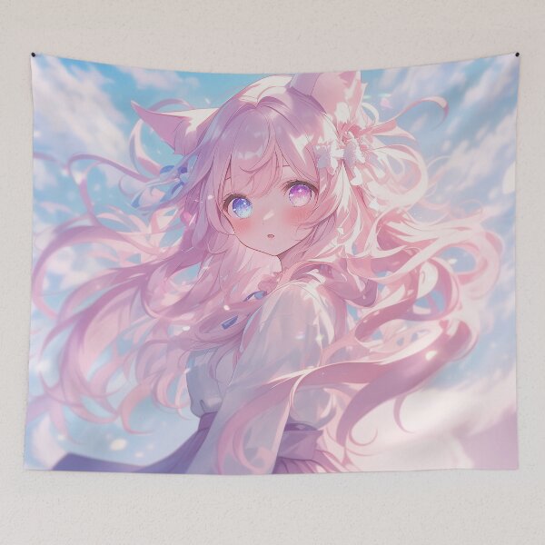 Item preview, Ethereal Anime Fox Girl with Flowing Pink Hair – Fantasy Pastel Aesthetic Art designed and sold by Kawai Anime Shop.