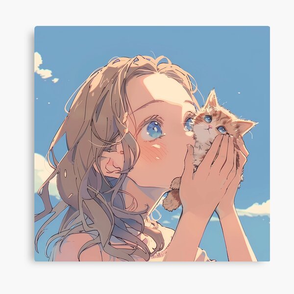 Item preview, Japanese Anime Girl Holding a Tiny Kitten Close to Her Cheek designed and sold by Elinotes.