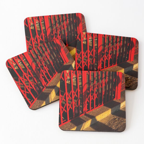 Item preview, The intricate details of a red metal gate, juxtaposed with the rough texture of the sidewalk, capture the essence of urban life. designed and sold by BARTISTA DESIGN.
