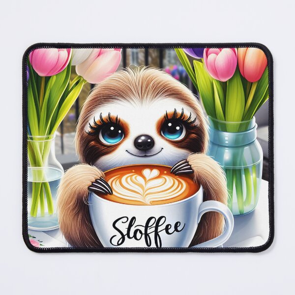 Item preview, Spring Sloffee - Adorable She Sloth with a cappuccino  with spring tulips designed and sold by EmeraldeaArt.
