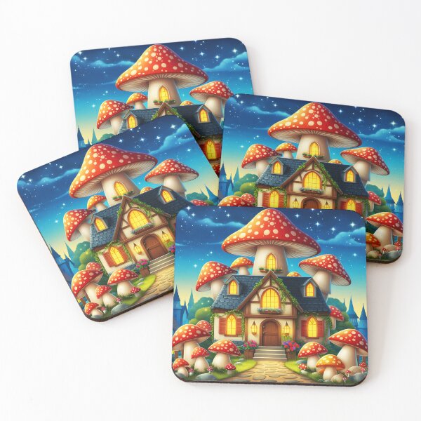 Item preview, Cartoon fairytale funghi house under a night sky designed and sold by EmeraldeaArt.
