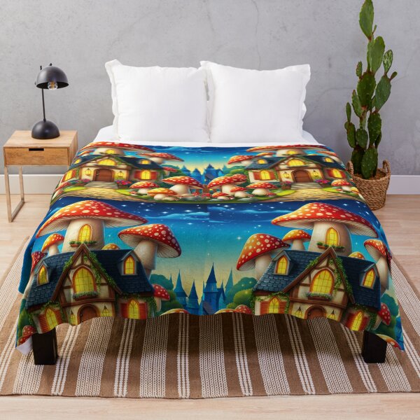 Item preview, Cartoon fairytale funghi house under a night sky designed and sold by EmeraldeaArt.