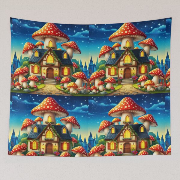 Item preview, Cartoon fairytale funghi house under a night sky designed and sold by EmeraldeaArt.