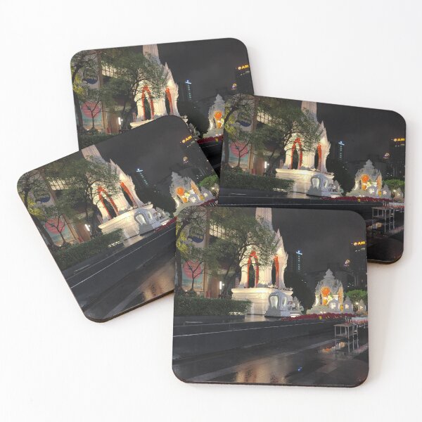 Item preview, A serene night scene of the Ganesha Shrine and Trimurti Shrine in Bangkok, designed and sold by BARTISTA DESIGN.