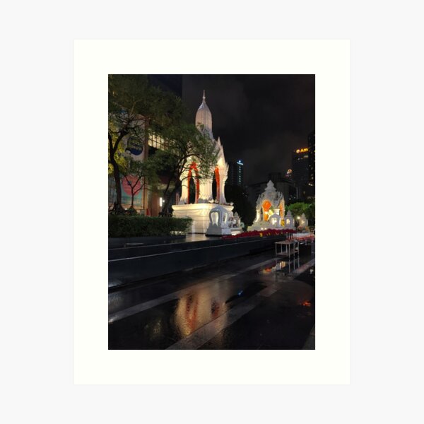 Item preview, A serene night scene of the Ganesha Shrine and Trimurti Shrine in Bangkok, designed and sold by BARTISTA DESIGN.
