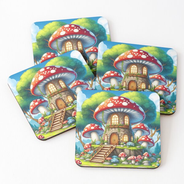 Item preview, A fairytale mushroom house under a night sky Cartoon style designed and sold by EmeraldeaArt.