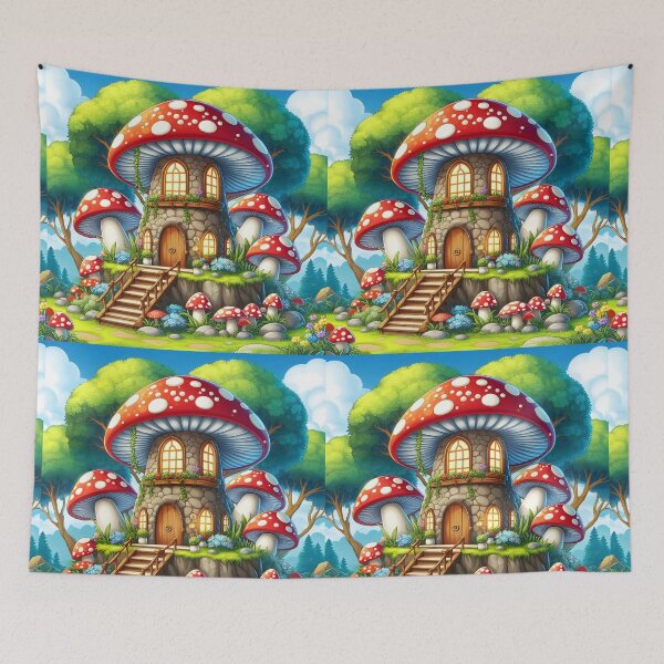 Item preview, A fairytale mushroom house under a night sky Cartoon style designed and sold by EmeraldeaArt.