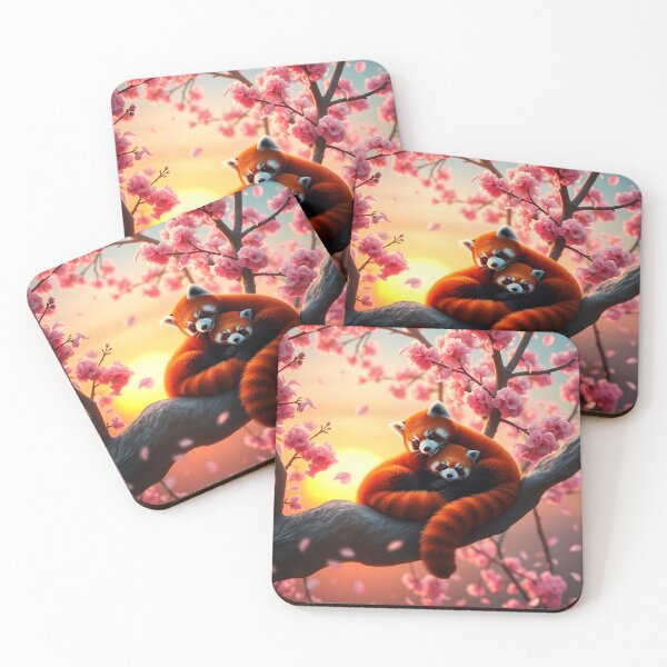 Item preview, Two cute red pandas curling in love on a pink blossoming sakura tree branch designed and sold by EmeraldeaArt.