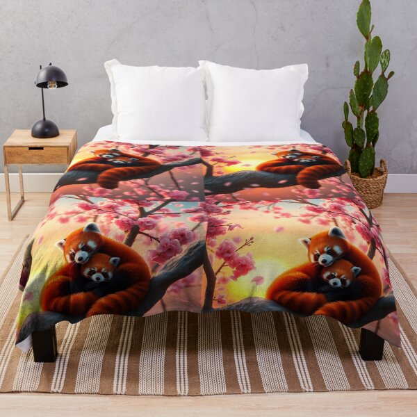 Item preview, Two cute red pandas curling in love on a pink blossoming sakura tree branch designed and sold by EmeraldeaArt.